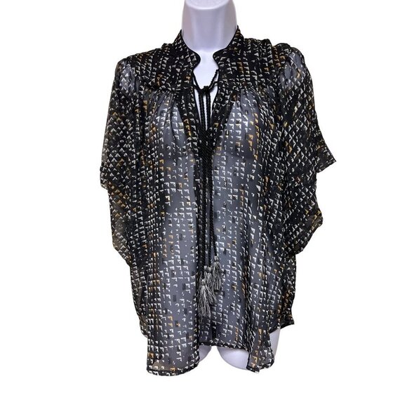 NEW! Badgley Mischka Black White Sheer Button Tassle Blouse Women's Small - Picture 1 of 10